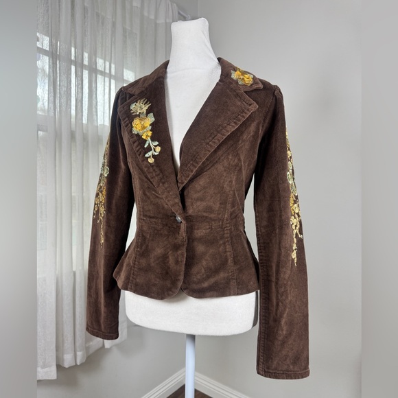Vintage Y2K TM True Meaning Brown Corduroy Floral Embroidered Cotton Blazer - Picture 2 of 9